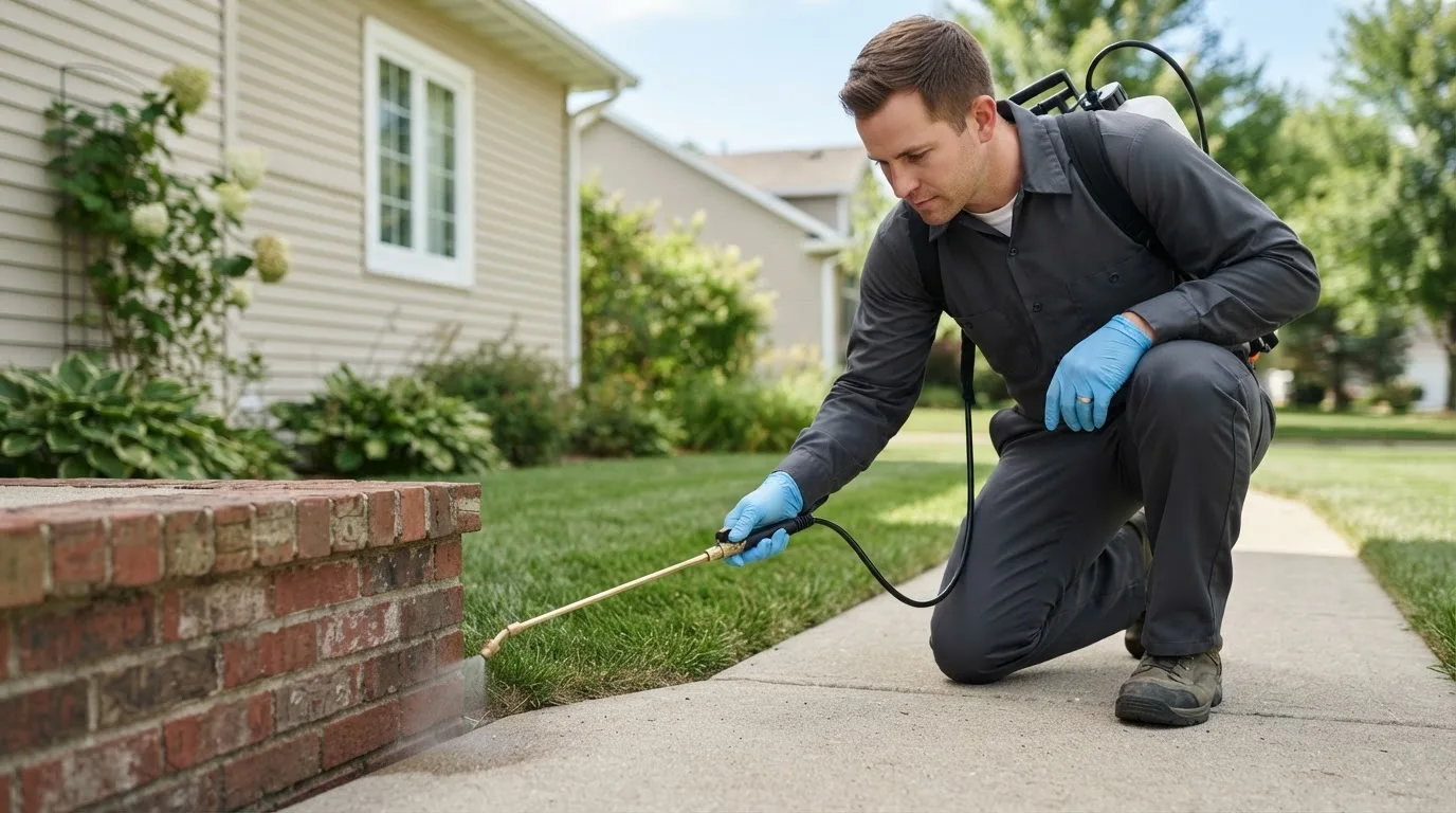 Pest control technician treating a home near Greenville, RI