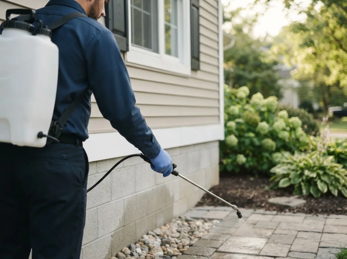 Pest control technician inspecting a home in Greenville, RI